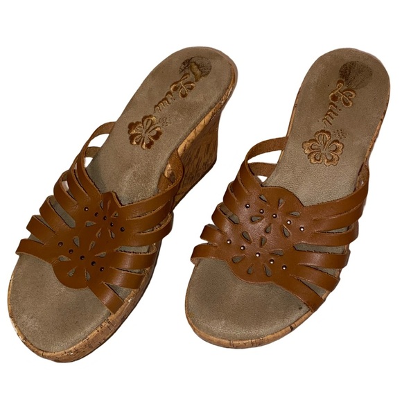 Luli Brand Ladies Cork Slide In Wedge Sandals in Tan and Natural in Size 8M - Picture 1 of 9